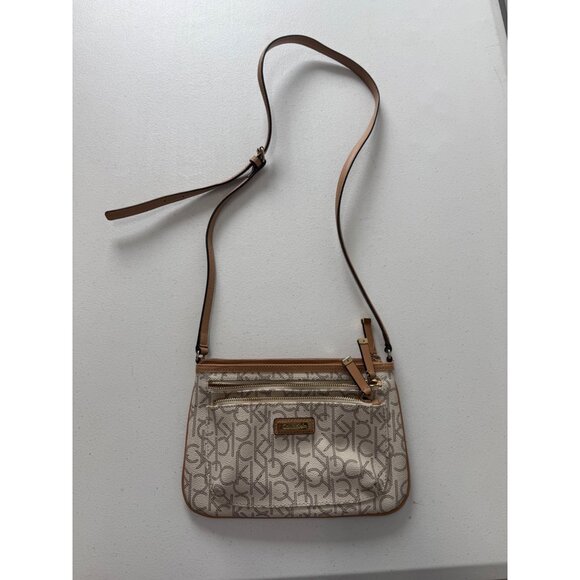 Calvin Klein Brown Logo Leather Crossbody Handbag Purse, Tan - Picture 1 of 9